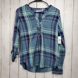 Laura Scott Missy Blue Plaid 1/4 Button V-Neck Blouse Size Small Long Sleeve NEW
